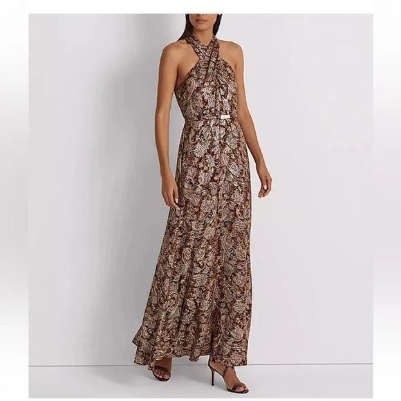Lauren Ralph Lauren Women Purple Multi Paisley Metallic Jacquard Gown Size16 NWT